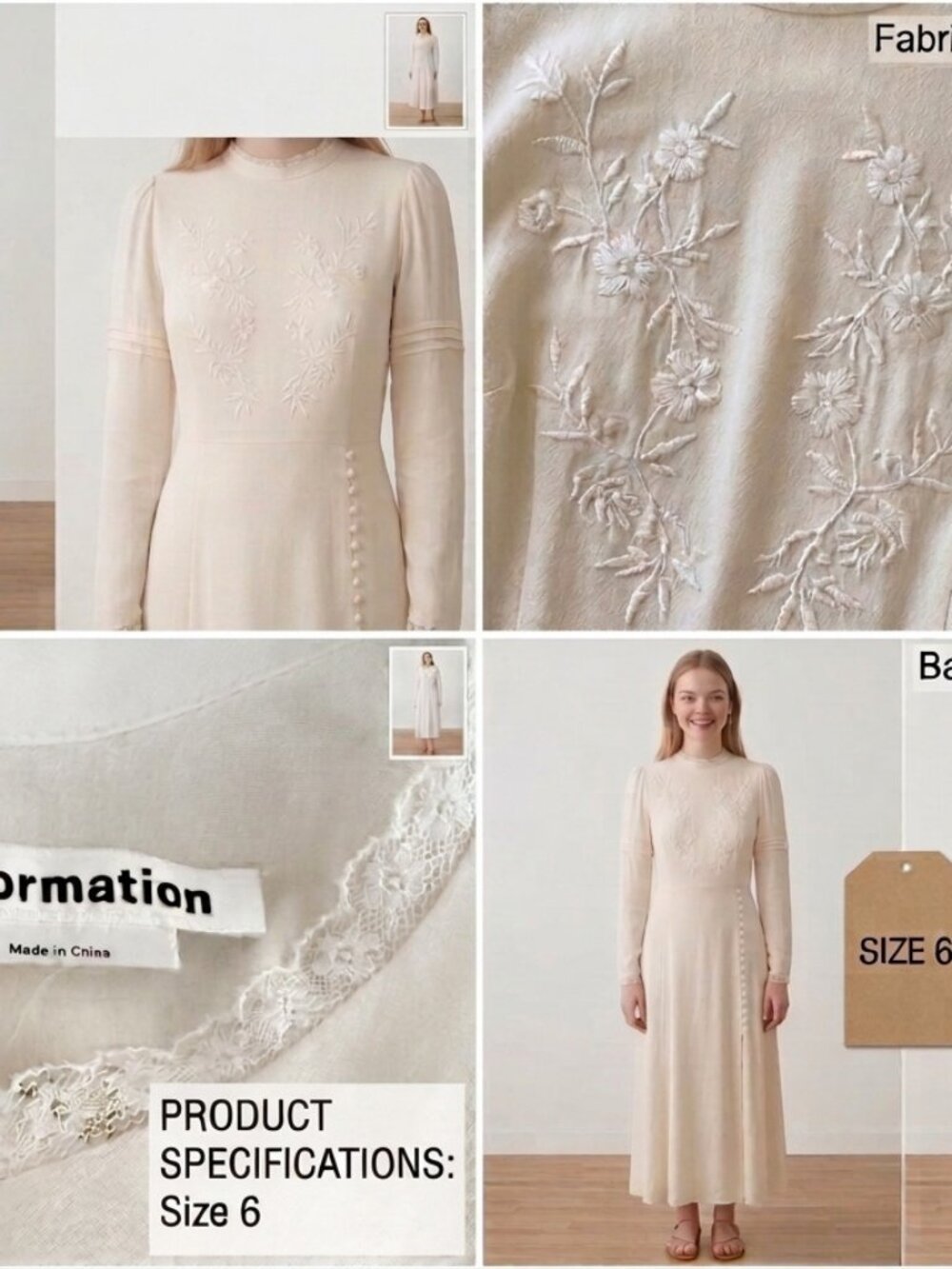 Reformation Embroidered Lace Midi Dress Ivory Cream Size 6 NWT Long Sleeve